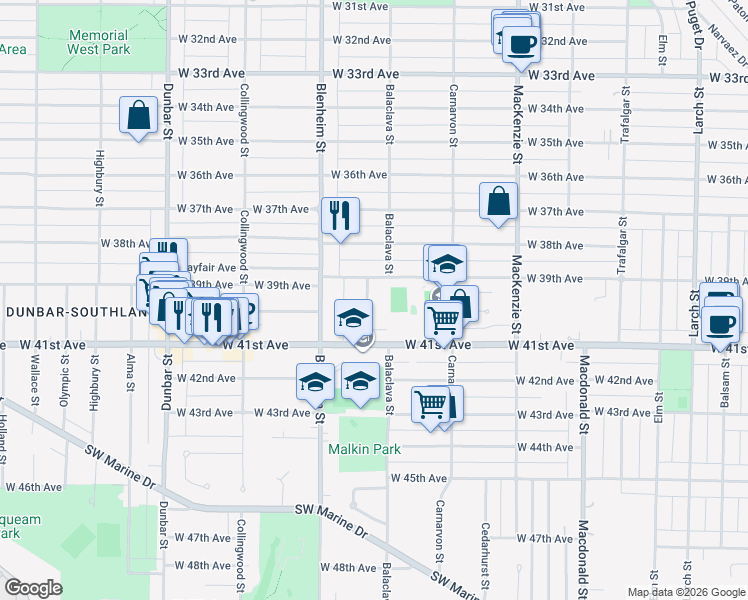 map of restaurants, bars, coffee shops, grocery stores, and more near 5570 Balaclava Street in Vancouver
