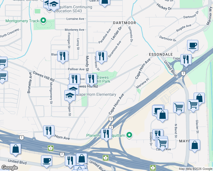map of restaurants, bars, coffee shops, grocery stores, and more near 2270 Dawes Hill Road in Coquitlam