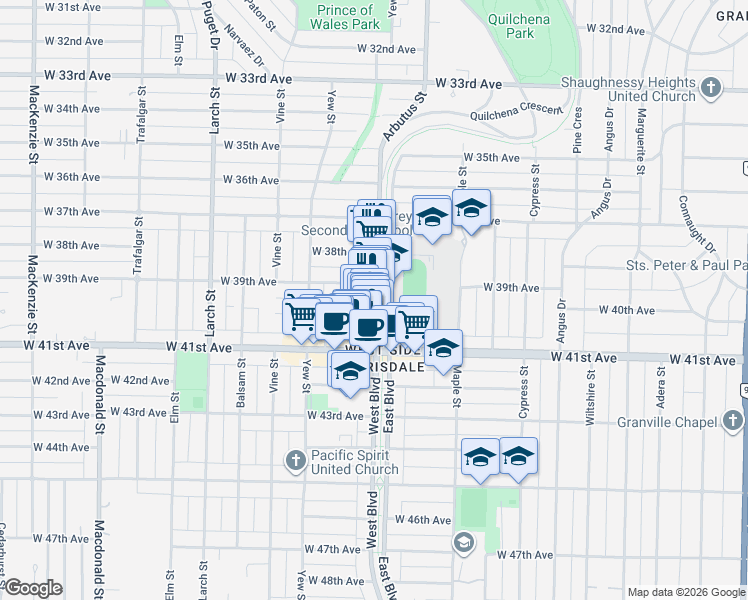 map of restaurants, bars, coffee shops, grocery stores, and more near West Boulevard in Vancouver