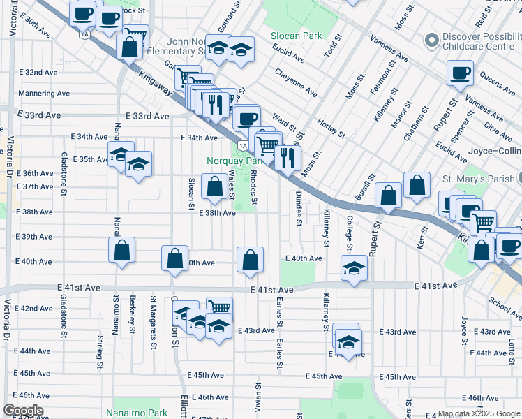 map of restaurants, bars, coffee shops, grocery stores, and more near 5396 Rhodes Street in Vancouver