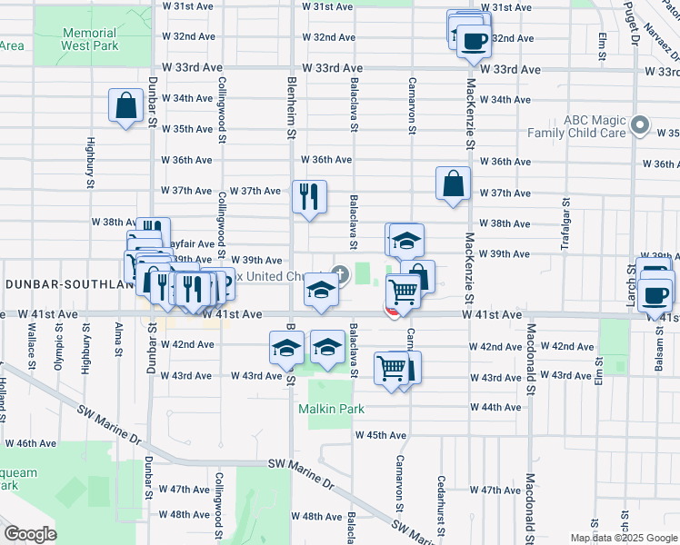 map of restaurants, bars, coffee shops, grocery stores, and more near 5570 Balaclava Street in Vancouver