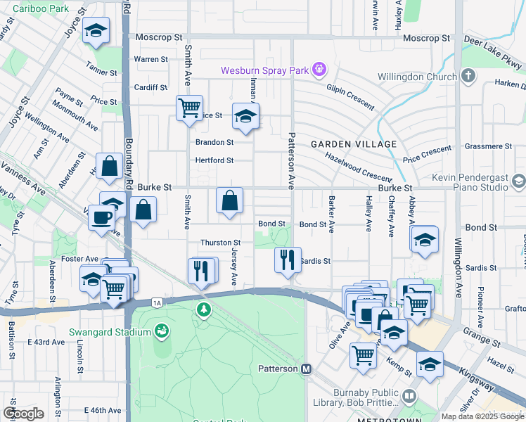 map of restaurants, bars, coffee shops, grocery stores, and more near 4022 Farrington Street in Burnaby