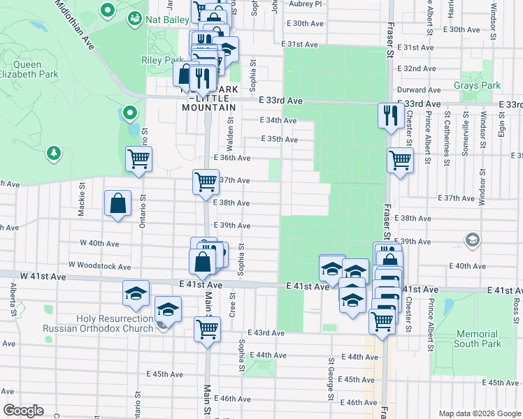 map of restaurants, bars, coffee shops, grocery stores, and more near 352 East 38th Avenue in Vancouver
