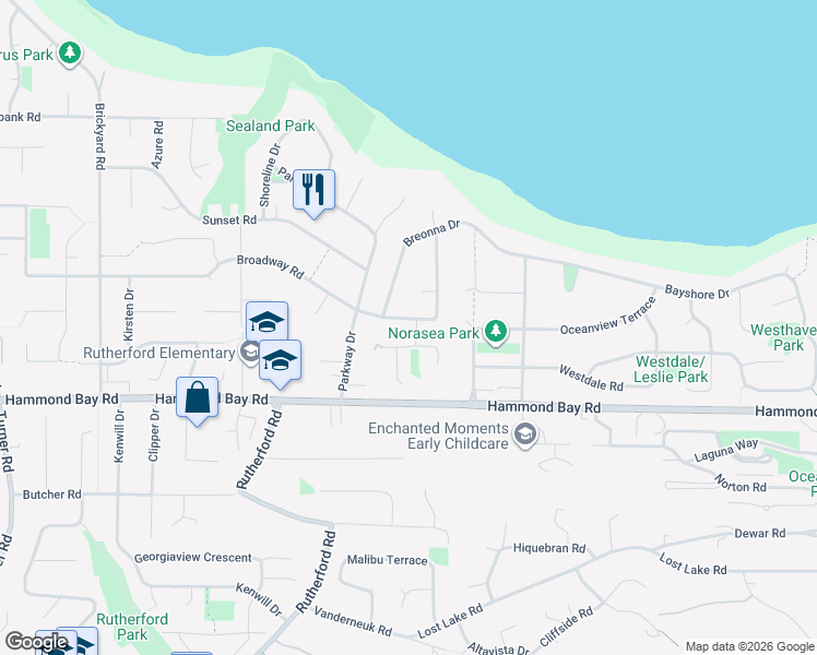 map of restaurants, bars, coffee shops, grocery stores, and more near 5775 Broadway Road in Nanaimo