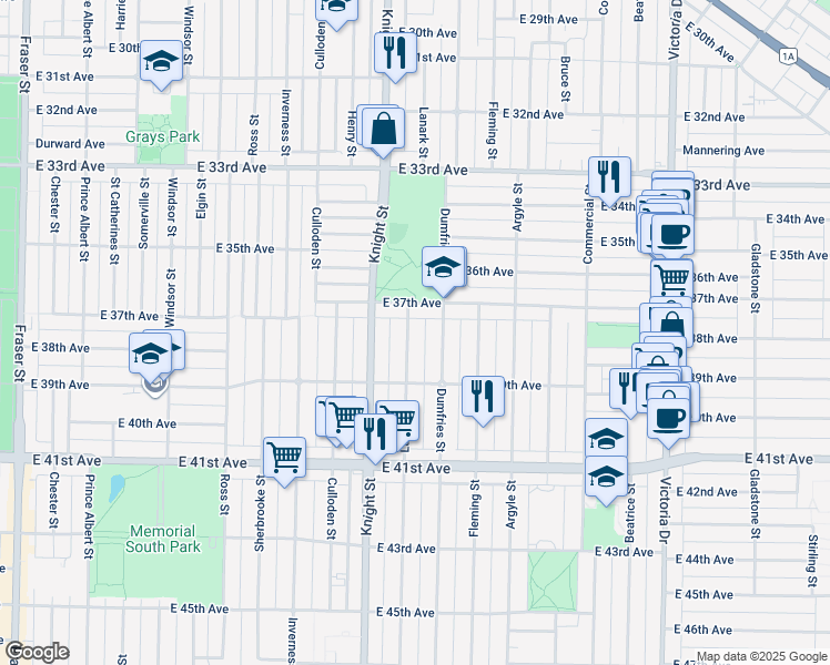 map of restaurants, bars, coffee shops, grocery stores, and more near 5350 Lanark Street in Vancouver