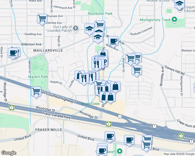 map of restaurants, bars, coffee shops, grocery stores, and more near 1400 Lucille Starr Way in Coquitlam