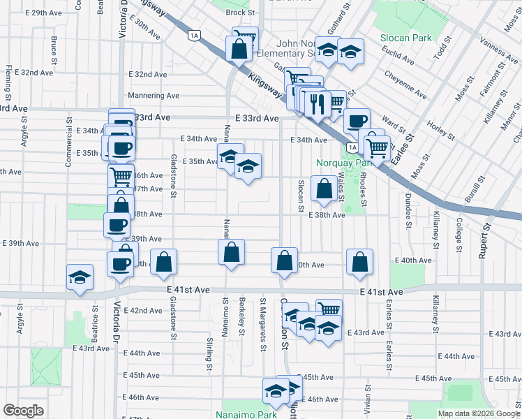 map of restaurants, bars, coffee shops, grocery stores, and more near in Vancouver