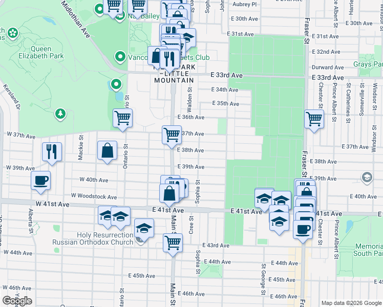 map of restaurants, bars, coffee shops, grocery stores, and more near 266 East 38th Avenue in Vancouver