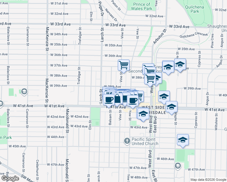map of restaurants, bars, coffee shops, grocery stores, and more near 5562 Balsam Street in Vancouver