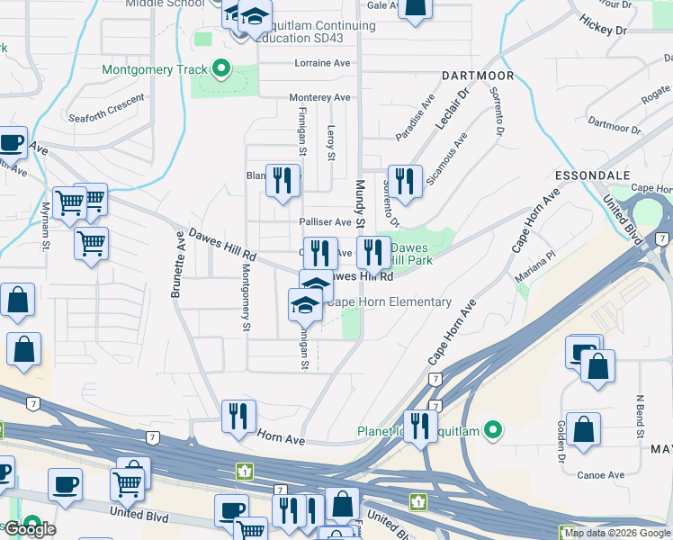map of restaurants, bars, coffee shops, grocery stores, and more near 2159 Dawes Hill Road in Coquitlam