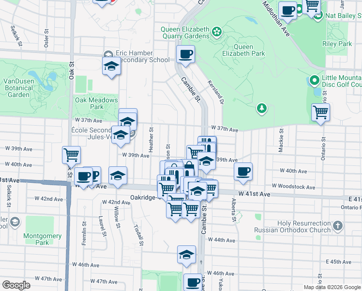 map of restaurants, bars, coffee shops, grocery stores, and more near 5433 Ash Street in Vancouver