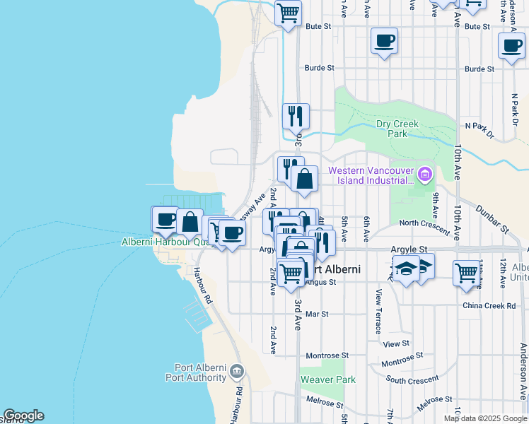 map of restaurants, bars, coffee shops, grocery stores, and more near in Port Alberni
