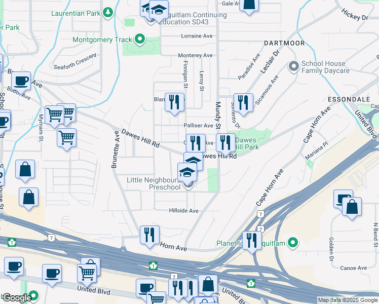 map of restaurants, bars, coffee shops, grocery stores, and more near 2113 Dawes Hill Road in Coquitlam