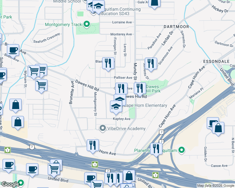 map of restaurants, bars, coffee shops, grocery stores, and more near 2113 Dawes Hill Road in Coquitlam