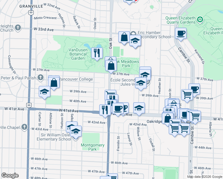 map of restaurants, bars, coffee shops, grocery stores, and more near 5458 Oak Street in Vancouver