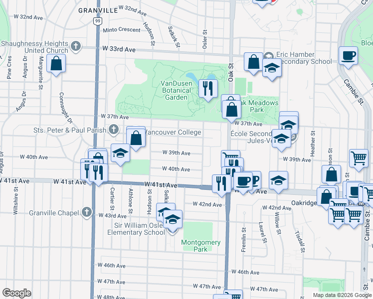 map of restaurants, bars, coffee shops, grocery stores, and more near 1163 West 39th Avenue in Vancouver
