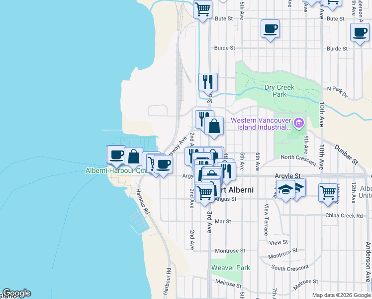 map of restaurants, bars, coffee shops, grocery stores, and more near 5119 Athol Street in Port Alberni