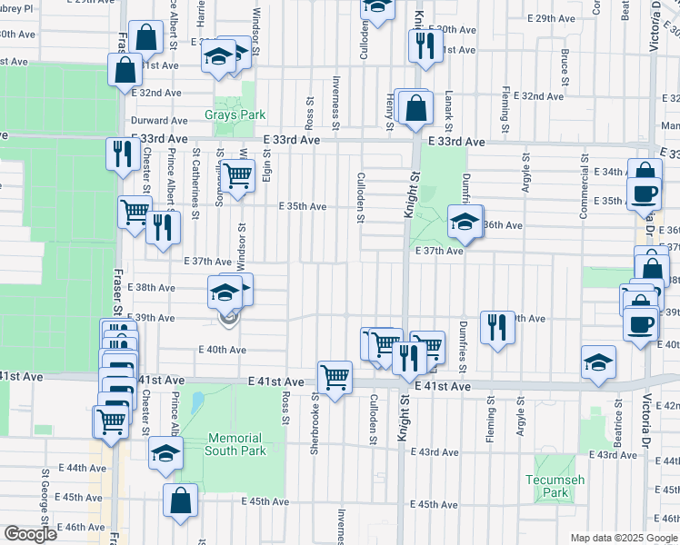 map of restaurants, bars, coffee shops, grocery stores, and more near 5355 Inverness Street in Vancouver