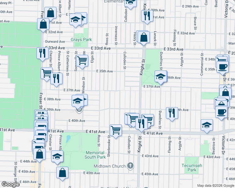 map of restaurants, bars, coffee shops, grocery stores, and more near 5355 Inverness Street in Vancouver