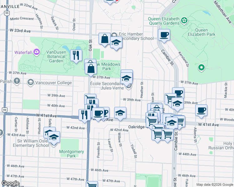 map of restaurants, bars, coffee shops, grocery stores, and more near 5423 Willow Street in Vancouver