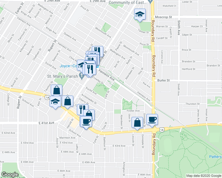 map of restaurants, bars, coffee shops, grocery stores, and more near 3500 Crowley Drive in Vancouver