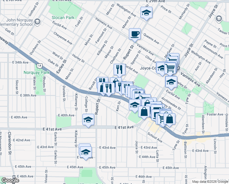 map of restaurants, bars, coffee shops, grocery stores, and more near in Vancouver