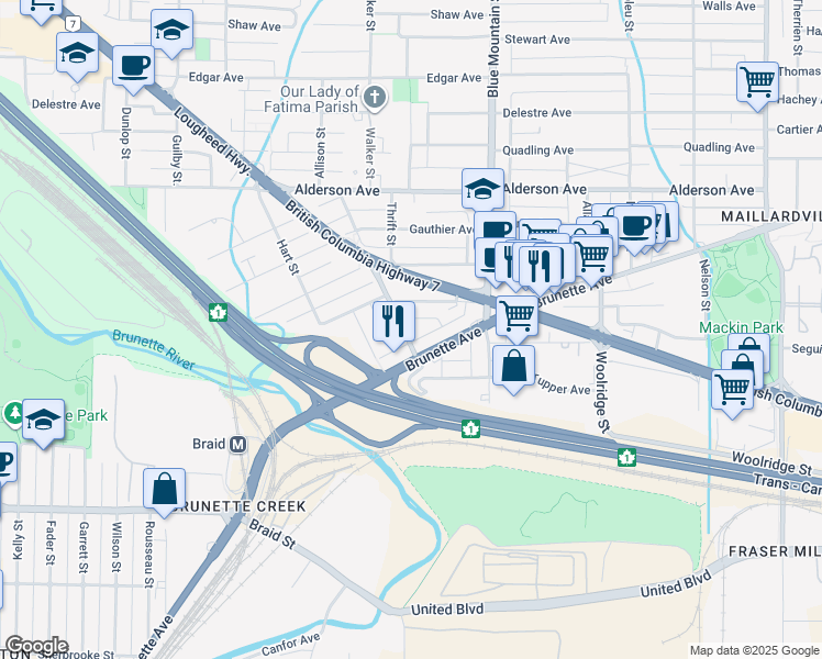 map of restaurants, bars, coffee shops, grocery stores, and more near 210 Bernatchey Street in Coquitlam