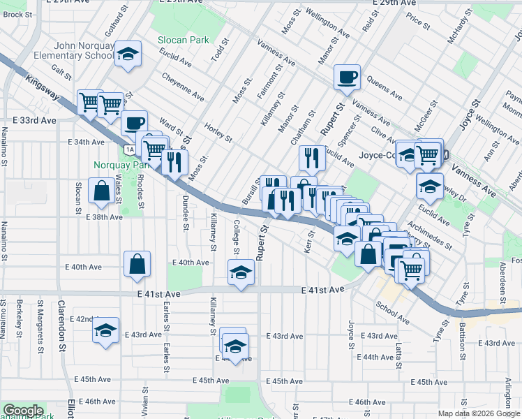 map of restaurants, bars, coffee shops, grocery stores, and more near 2973 Kingsway in Vancouver