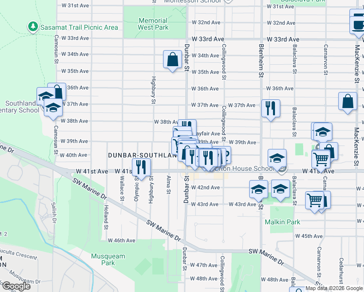 map of restaurants, bars, coffee shops, grocery stores, and more near 5505 Dunbar Street in Vancouver