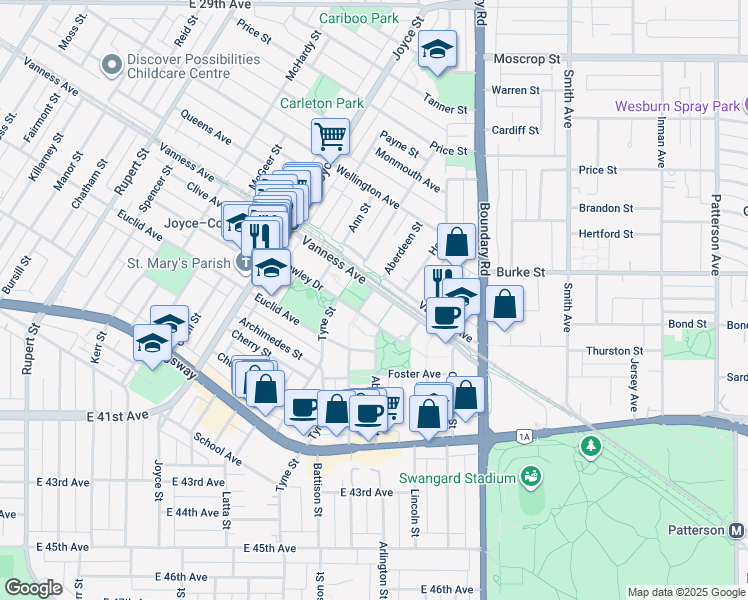 map of restaurants, bars, coffee shops, grocery stores, and more near 5288 Melbourne Street in Vancouver