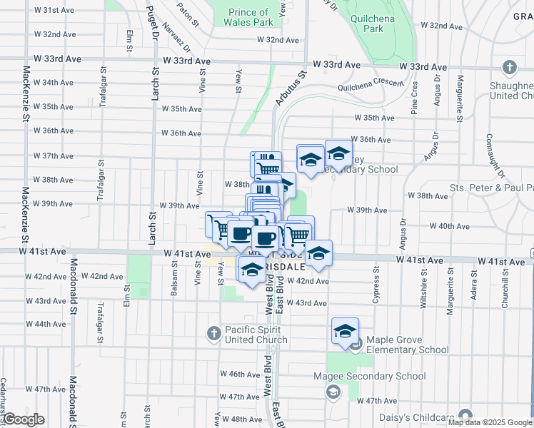 map of restaurants, bars, coffee shops, grocery stores, and more near 5511 West Boulevard in Vancouver