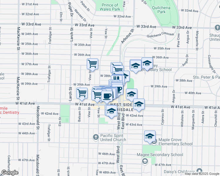 map of restaurants, bars, coffee shops, grocery stores, and more near in Vancouver