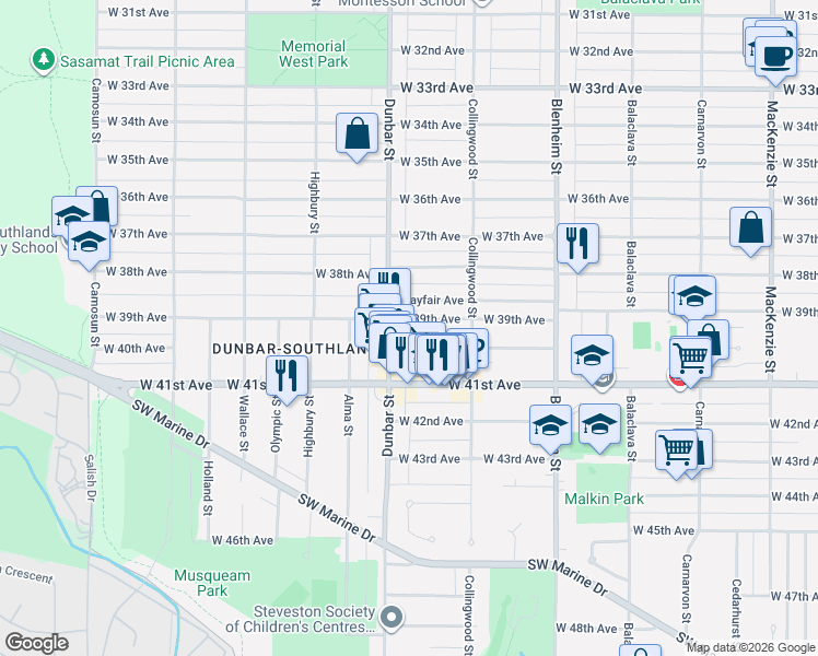 map of restaurants, bars, coffee shops, grocery stores, and more near in Vancouver