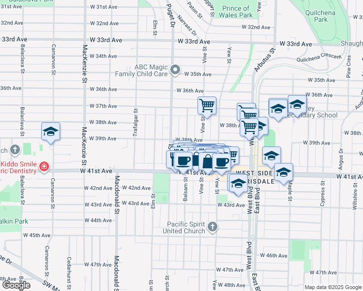 map of restaurants, bars, coffee shops, grocery stores, and more near 5555 Balsam Street in Vancouver