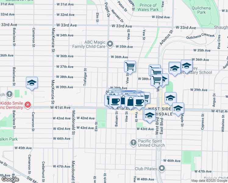 map of restaurants, bars, coffee shops, grocery stores, and more near 5555 Balsam Street in Vancouver