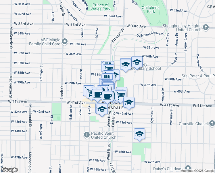 map of restaurants, bars, coffee shops, grocery stores, and more near 5511 West Boulevard in Vancouver