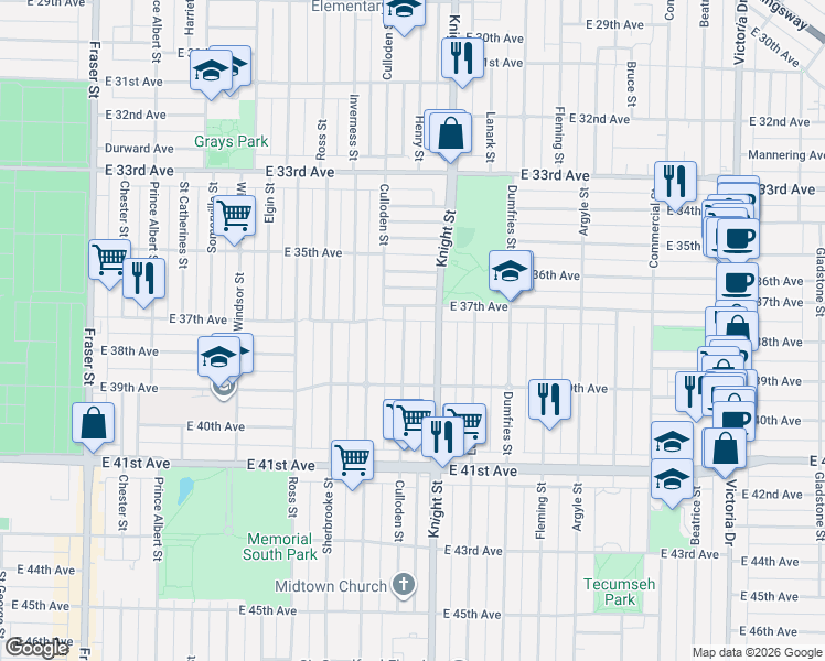 map of restaurants, bars, coffee shops, grocery stores, and more near 5322 Culloden Street in Vancouver