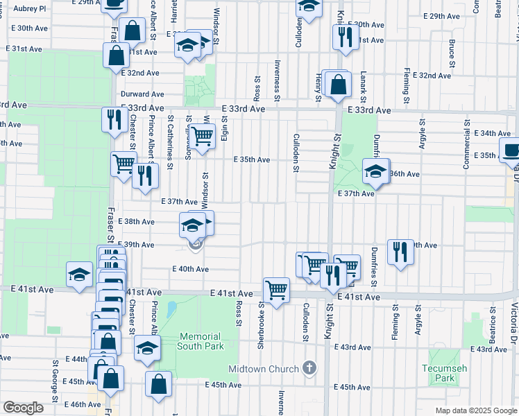 map of restaurants, bars, coffee shops, grocery stores, and more near 5343 Sherbrooke Street in Vancouver