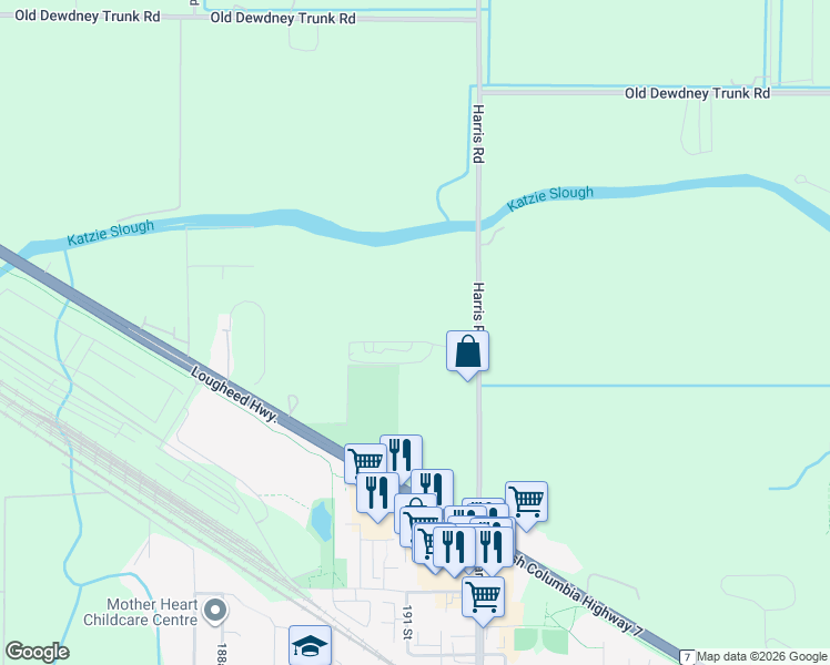 map of restaurants, bars, coffee shops, grocery stores, and more near 12853 Harris Road in Pitt Meadows
