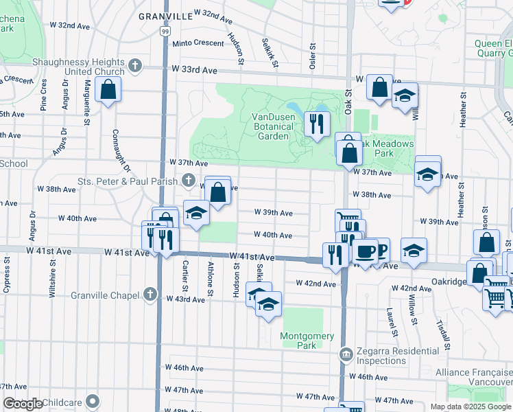map of restaurants, bars, coffee shops, grocery stores, and more near 1249 West 39th Avenue in Vancouver