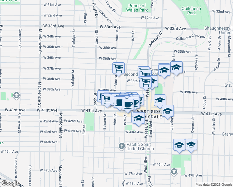 map of restaurants, bars, coffee shops, grocery stores, and more near 2296 West 39th Avenue in Vancouver