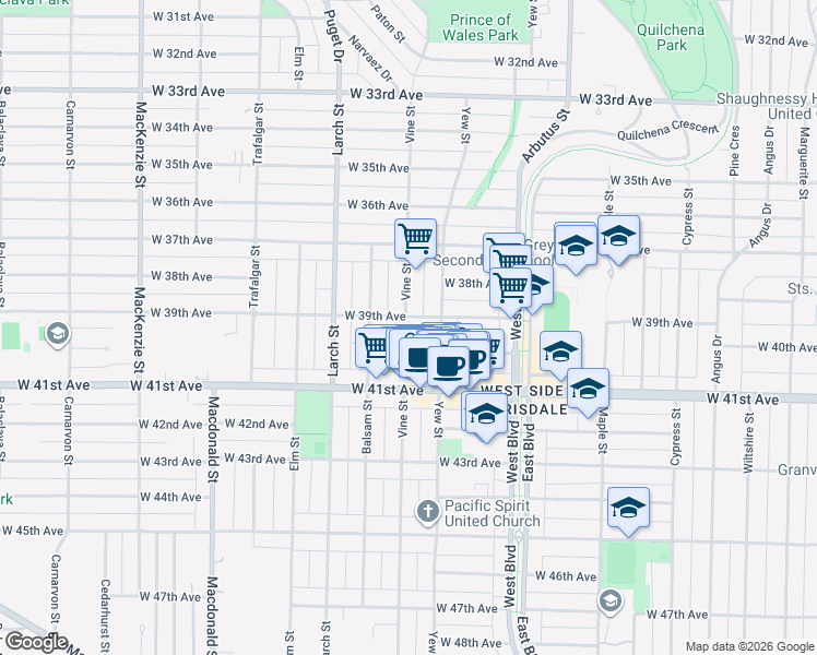 map of restaurants, bars, coffee shops, grocery stores, and more near 2296 West 39th Avenue in Vancouver
