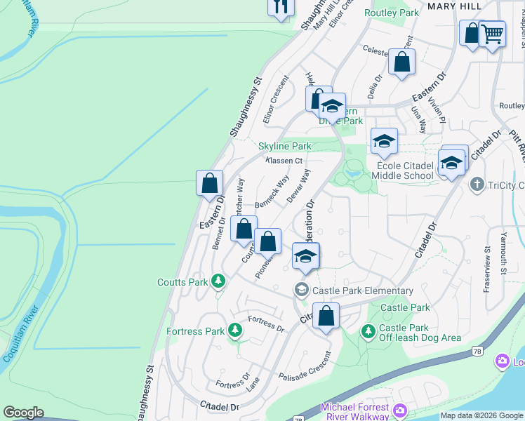 map of restaurants, bars, coffee shops, grocery stores, and more near 1238 Benneck Way in Port Coquitlam