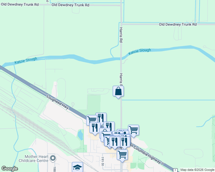 map of restaurants, bars, coffee shops, grocery stores, and more near 12853 Harris Road in Pitt Meadows