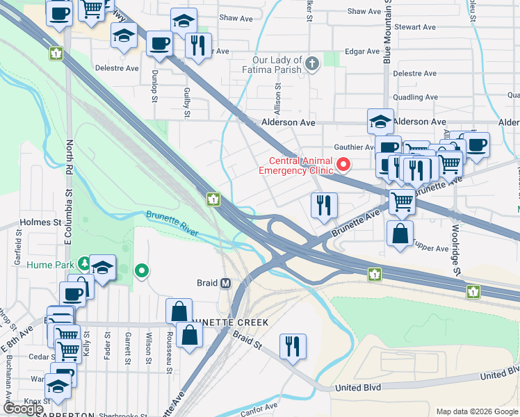 map of restaurants, bars, coffee shops, grocery stores, and more near 232 Hart Street in Coquitlam