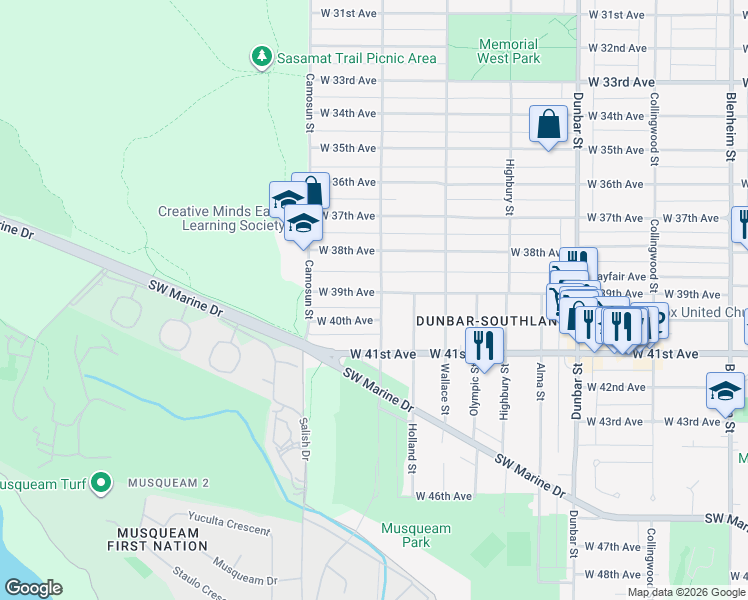 map of restaurants, bars, coffee shops, grocery stores, and more near 5525 Crown Street in Vancouver
