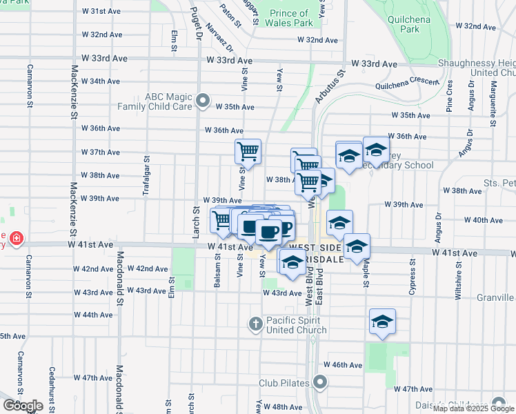 map of restaurants, bars, coffee shops, grocery stores, and more near 5555 Yew Street in Vancouver