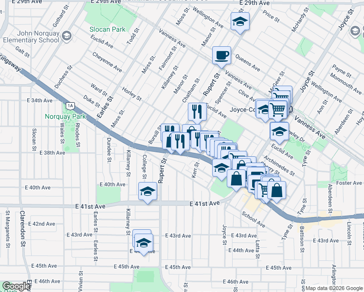 map of restaurants, bars, coffee shops, grocery stores, and more near 3003 Kingsway in Vancouver