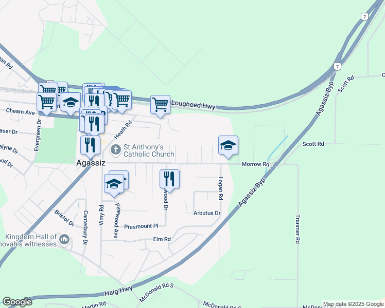 map of restaurants, bars, coffee shops, grocery stores, and more near 1754 Cedar Place in Agassiz