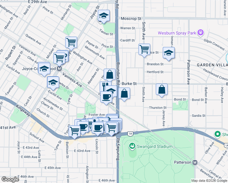 map of restaurants, bars, coffee shops, grocery stores, and more near in Vancouver